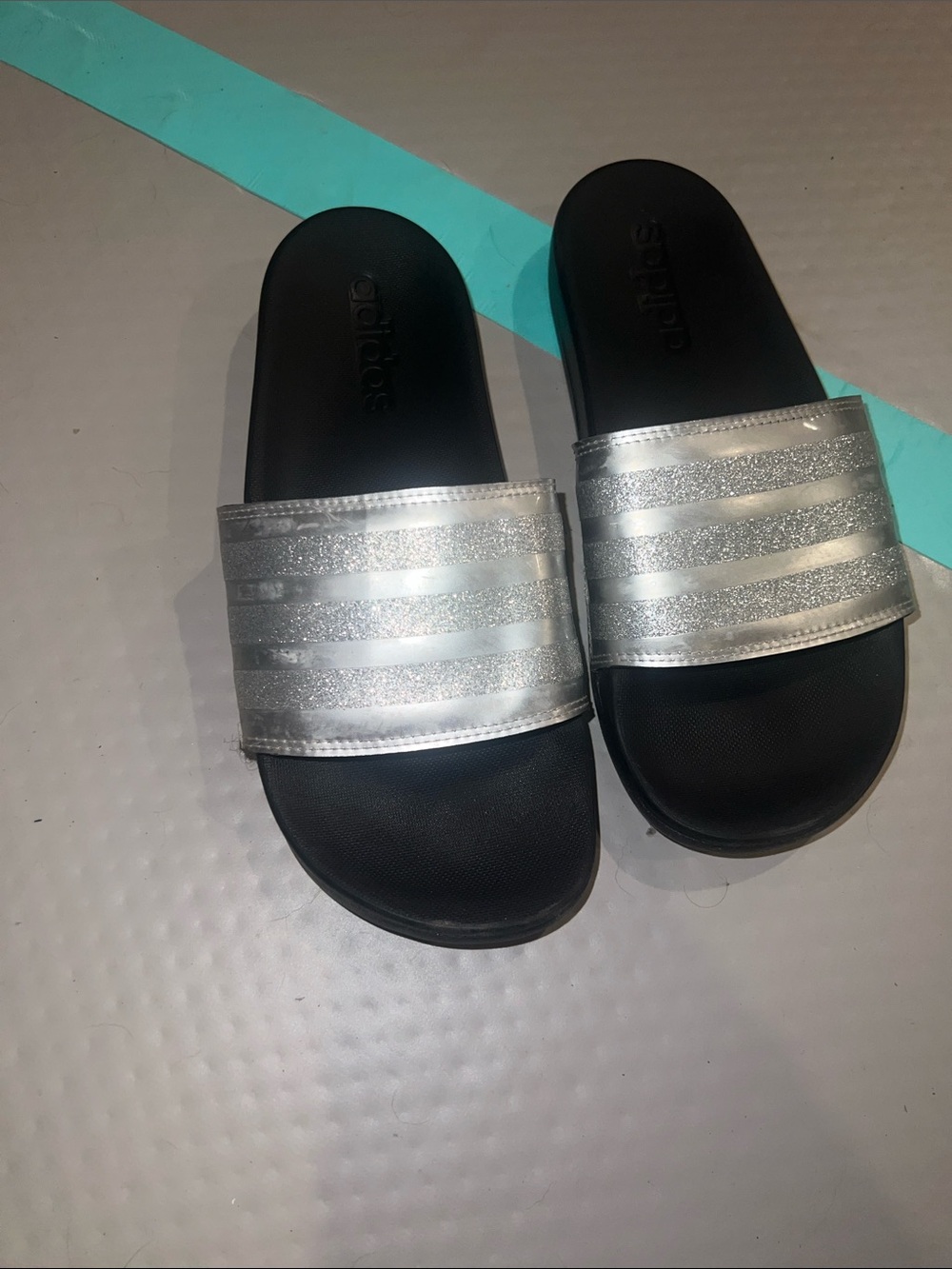 adidas Silver Glitter Slide Sandals with Black Footbed